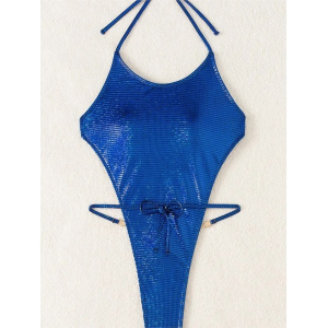 Costum de baie intreg tanga metalizat, cu spatele gol si cristale decorative, albastru #ZZ1039 - Img 5