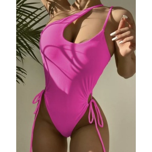 Costum de baie intreg tanga, pe un umar , cu snururi laterale, roz neon #ZZ1957 - Img 2