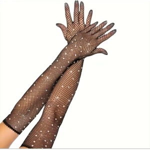 Manusi sexy din plasa fina elastica cu cristale decorative, negru #ZZ4089 - Img 7