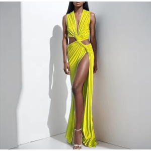 Rochie lungă sexy cu decupaje și crăpătură pe picior, verde neon #ZZ1080 - Img 5