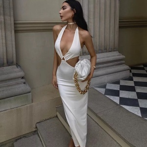 Rochie lunga sexy cu decupaje si spatele gol, alb #ZZ1974