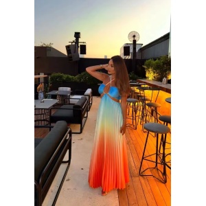 Rochie lungă sexy de plajă, plisată, cu decupaje, multicolor #ZZ1100 - Img 2