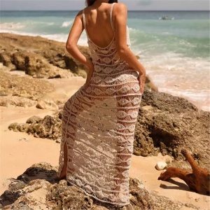 Rochie lungă sexy de plajă, tricotată, bej #ZZ1104 - Img 4