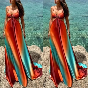 Rochie lungă sexy de plajă, vaporoasă, cu decupaje laterale, multicolor #ZZ1103 - Img 7