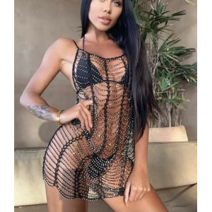 Rochie scurta sexy de plaja din franjuri orizontale cu strasuri argintii, negru #ZZ1018