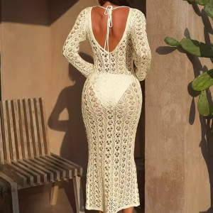 Rochie sexy de plajă tricotată, cu mânecă lungă, ivoire #ZZ1088 - Img 3