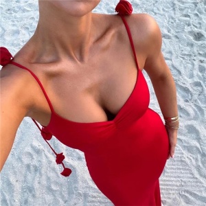 Rochie sexy lunga mulata, cu spatele gol si trandafiri decorativi, rosu #ZZ1044 - Img 4