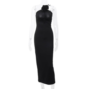 Rochie sexy lunga mulata, dupa gat, cu trandafir decorativ detasabil, negru #ZZ1046 - Img 10