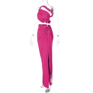 Set 2 piese cu bustiera pe un umăr și fustă lungă cu crăpătură , roz fucsia #ZZ2148 - Img 8