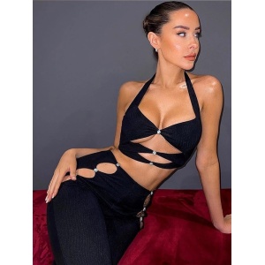 Set 2 piese cu bustiera si pantaloni, material reiat, cristale decorative, negru #ZZ2710