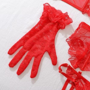 Set lenjerie intima din dantela cu broderie si manusi scurte, rosu, 5 piese #ZZ4143 - Img 12