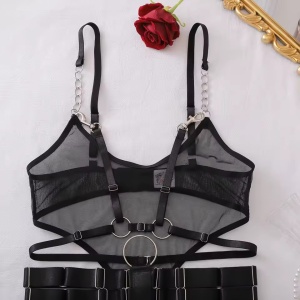 Set lenjerie intima sexy cu body, bretele si lantisoare decorative , 2 piese, negru #ZZ4165 - Img 12
