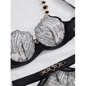 Set lenjerie intima sexy cu broderie si cristale mari decorative, negru/ nude, 4 piese #ZZ4086 - Img 11