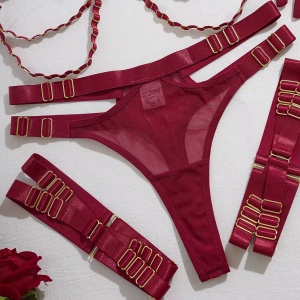Set lenjerie intima sexy cu catarame decorative si manusi lungi , visiniu, 5 piese #ZZ4624 - Img 11