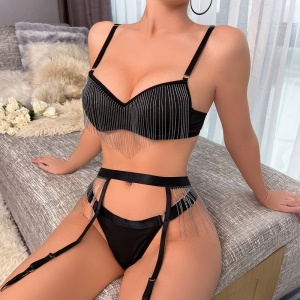 Set lenjerie intima sexy cu franjuri metalice, negru, 3 piese #ZZ4954 - Img 5