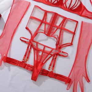 Set lenjerie intima sexy cu insertii de tul, rosu, 5 piese#ZZ4096 - Img 12