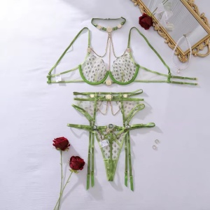 Set lenjerie intima sexy cu lantisoare si cristale decorative, verde, 3 piese#ZZ4326 - Img 11