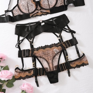Set lenjerie intima sexy din dantela brodata, negru/ maro, 5 piese #ZZ4920 - Img 11