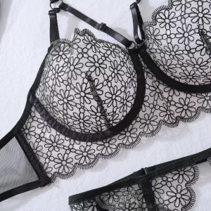Set lenjerie intima sexy din dantela cu broderie florala, negru, 4 piese #ZZ4623 - Img 9