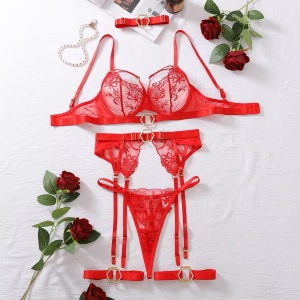 Set lenjerie intima sexy din dantela cu broderie si elemente metalice aurii, rosu, 5 piese #ZZ4257 - Img 8