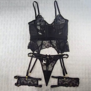 Set lenjerie intima sexy din dantela cu corset, negru, 3 piese #ZZ4580 - Img 11