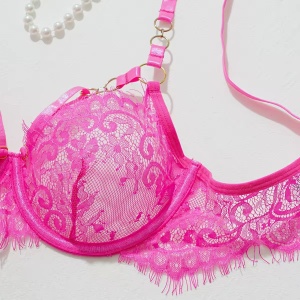 Set lenjerie intima sexy din dantela cu decupaje si accesorii metalice, roz neon, 3 piese #ZZ4665 - Img 10