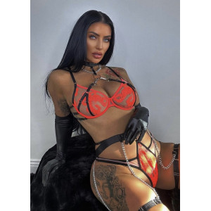 Set lenjerie intima sexy din dantela cu decupaje si lantisoare metalice, negru/ portocaliu, 5 piese #ZZ4147