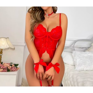 Set lenjerie intima sexy din dantela cu fundite, choker si ciorapi , rosu, 5 piese #ZZ4354 - Img 3