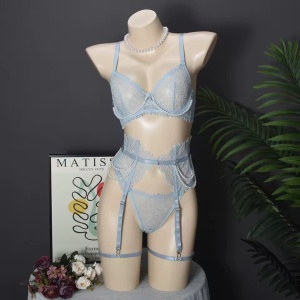 Set lenjerie intima sexy din dantela cu perle decorative, bleu, 4 piese#ZZ4009 - Img 7