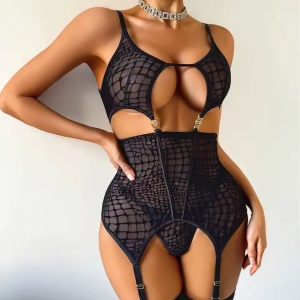 Set lenjerie intima sexy din dantela fina brodata, ciorapi, 3 piese, negru #ZZ4241 - Img 5