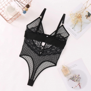 Set lenjerie intima sexy din dantela fina brodata, cu body si manusi, negru, 2 piese #ZZ4375 - Img 9