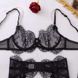 Set lenjerie intima sexy din dantela, perle dcorative , ciorapi, 4 piese, negru #ZZ4468 - Img 10