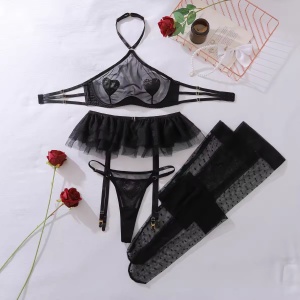 Set lenjerie intima sexy din dantelată brodată și tul, cu ciorapi înalți, negru, 4 piese #ZZ4001 - Img 7