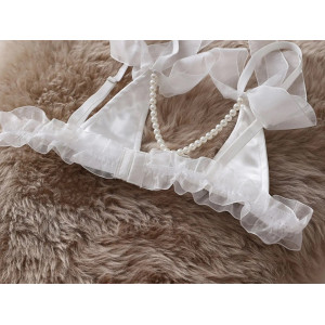 Set lenjerie intima sexy din tul cu decupaje si perle decorative, alb, 2 piese #ZZ4214 - Img 11