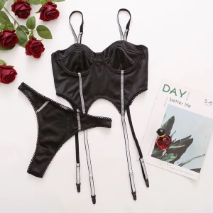 Set lenjerie intima sexy satinata cu benzi argintii decorative, 2 piese, negru, #ZZ4979 - Img 5