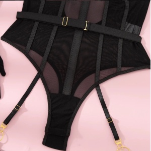 Set lenjerie intima sexy satinata cu choker si manusi lungi, negru, 4 piese #ZZ4235 - Img 8