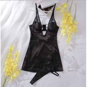 Set lenjerie intima sexy satinata cu rochie de noapte si chilot, negru, 2 piese #ZZ4590