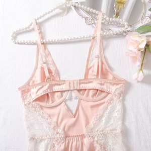 Set lenjerie intima sexy satinata cu rochie de noapte si chilot, roz, 2 piese #ZZ4669 - Img 12