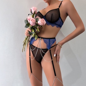 Set lenjerie sexy din dantela cu lanturi decorative, negru/albastru, 4 piese #ZZ4944 - Img 3