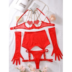 Set lenjerie sexy din dantela fina, cu cristale, lanturi si manusi, rosu, 5 piese#ZZ4956 - Img 10