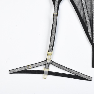 Set lenjerie sexy din dantela fina elastica cu benzi argintii, negru, 4 piese #ZZ4936 - Img 10