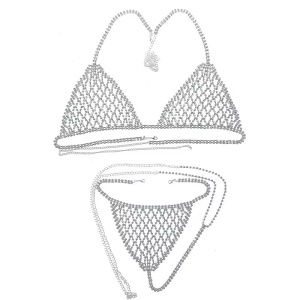 Set lenjerie sexy tip body chain din sutien si slip cu cristale, argintiu, 2 piese #ZZ4440 - Img 9