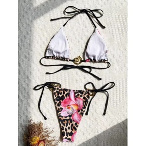 🔥Oferta zilei🔥Costum de baie 2 piese cu imprimeu leopard si accesorii aurii, slip reglabil, multicolor #ZZ2141 - Img 8