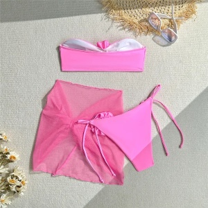 🔥Oferta zilei🔥Costum de baie 3 piese cu fusta scurta, sutien fara bretele si trandafiri decorativi, roz #ZZ2105 - Img 4