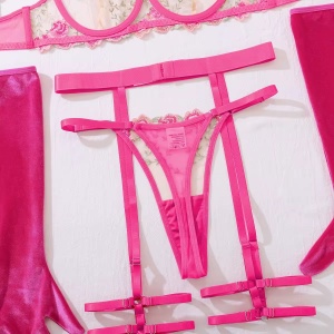 🔥Oferta zilei🔥Set lenjerie intima sexy din dantela brodata cu manusi lungi din catifea , roz neon, 5 piese #ZZ4646 - Img 11
