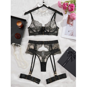 🔥Oferta zilei 🔥Set lenjerie intima sexy din dantela fina cu broderie si benzi late, negru, 4 piese #ZZ4320 - Img 7