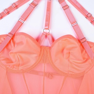 Body sexy cu benzi, catarame decorative, accesoriu talie cu portjartier, corai, 3 piese #ZZ4928 - Img 7