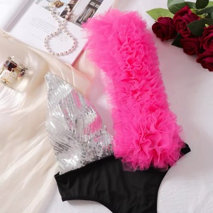 Body sexy cu decolteu adanc, paiete si tul decorativ, negru/ roz/ argintiu, #ZZ4237 - Img 7
