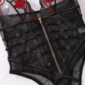 Body sexy din dantela cu broderie florala la cupe si fermoar functional, negru, #ZZ4093 - Img 11