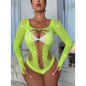 Body sexy elastic cu decolteu adânc și cristale decorative, verde neon #ZZ4099 - Img 5